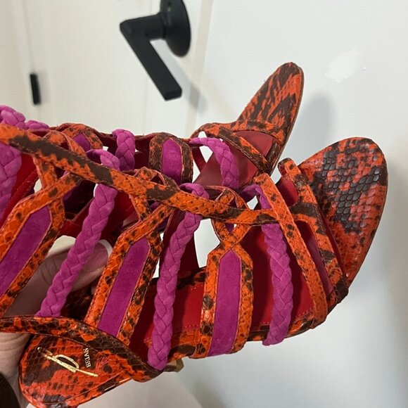 Brian Atwood Leather Braided Snake Print Gladiator Heels Size 5 - Picture 4 of 5